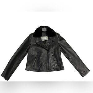 All Saints Black Leather Biker Jacket with Shearling Collar